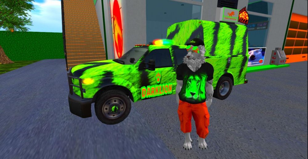 Darklion with his neon green and black tigerstriped truck.jpg